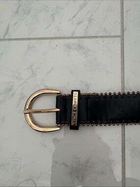 Vince Camuto Black Leather Belt with Gold-Tone Details
